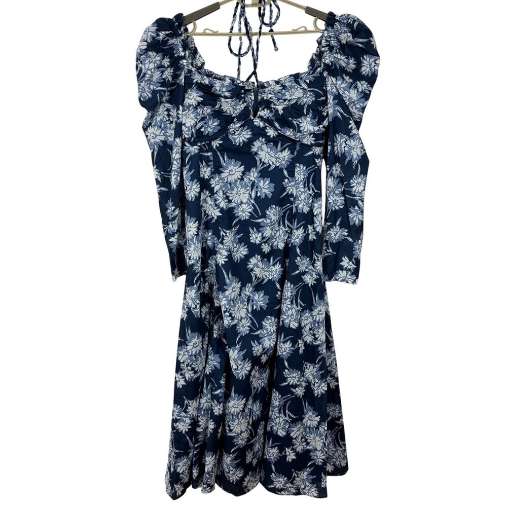 Polo Ralph Lauren Bloom Gathered Midi Dress Blue White Floral - NO TAGS ~ Large - Picture 4 of 12